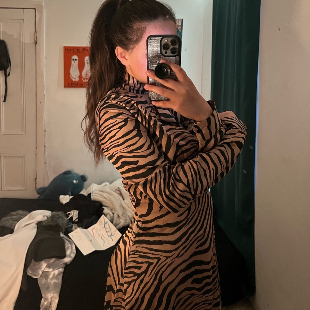 LUSH brown zebra print dress, long & modest